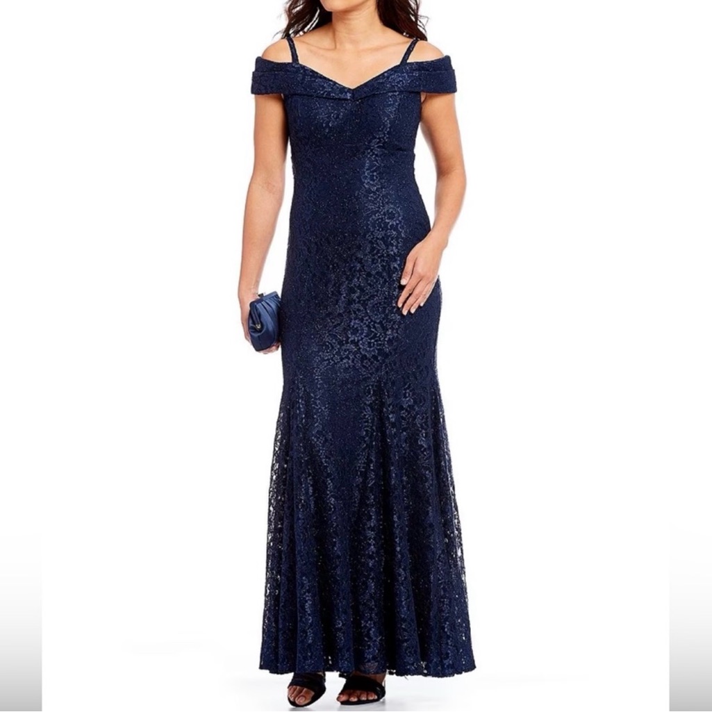 R & M Richards Off-The-Shoulder Shimmer Lace Mermaid Gown- Naavy